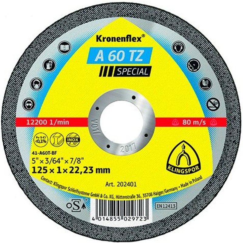 25 disques à tronçonner MP SPECIAL A 60 TZ D. 125 x 1 x 22,23 mm - Métal / Inox - 202401 - Klingspor