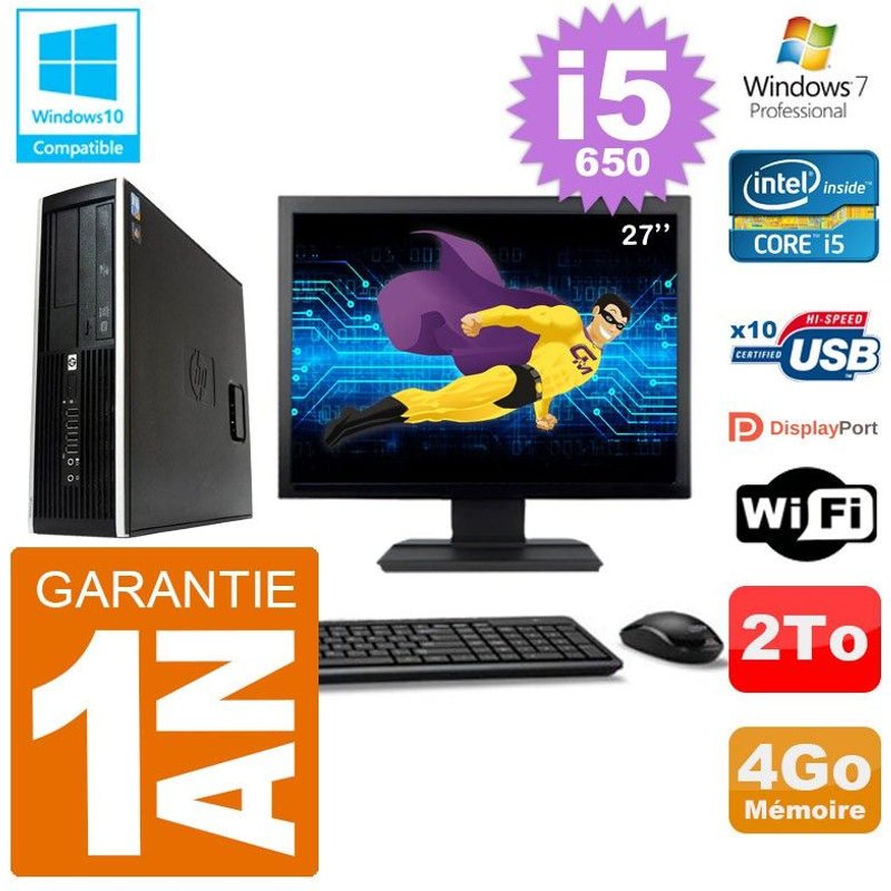 PC HP Compaq 8100 SFF Ecran 27" i5-650 RAM 4Go Disque 2To Graveur DVD Wifi W7