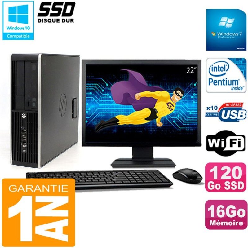 PC HP Compaq Pro 6200 SFF Ecran 22" Intel G840 16Go 120 Go SSD Graveur Wifi W7