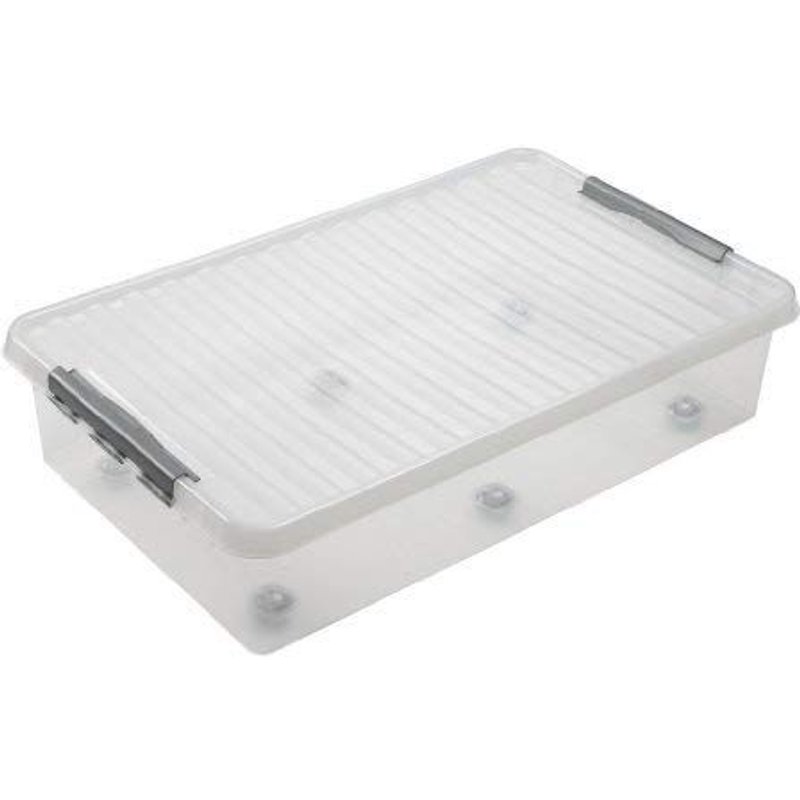 Boite plastique extra plate avec roulette (H)200x(L)800x(l)500mm couleur transparent fermeture gris (SUNWARE QLINE Rollerbox 60L)