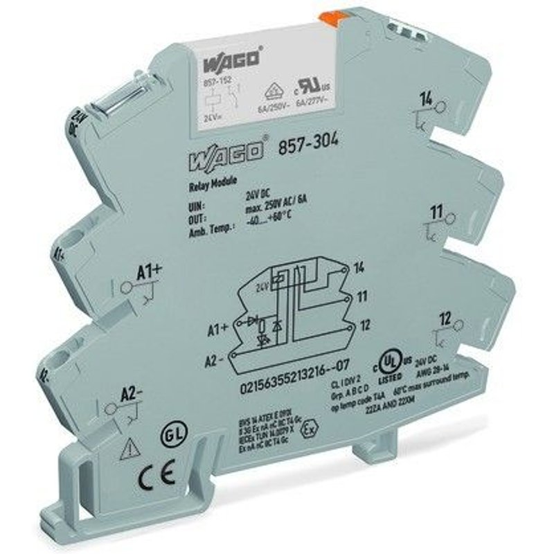 Bloc relais WAGO 857-304 Tension nominale: 24 V/DC Courant de commutation (max.): 6 A 1 inverseur (RT) 1 pc(s)