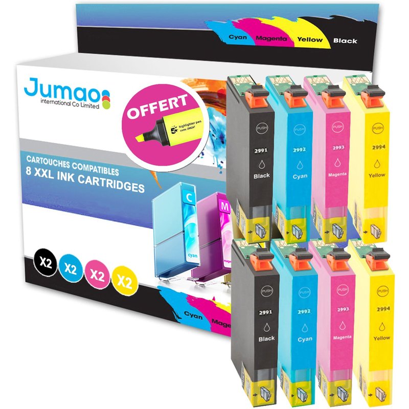 8 cartouches jet d'encre Jumao 29XL compatibles pour Epson ExpressionHome XP332 +Fluo offert