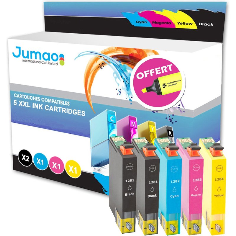Lot de 5 cartouche jet d'encre Jumao type T128 compatibles pour Epson STYLUS S22 +Fluo offert