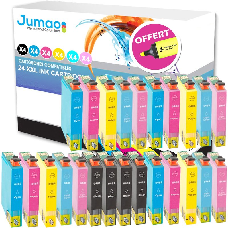 24 cartouches jet d'encre Jumao T048 compatibles pour Epson Stylus Photo RX640 +Fluo offert