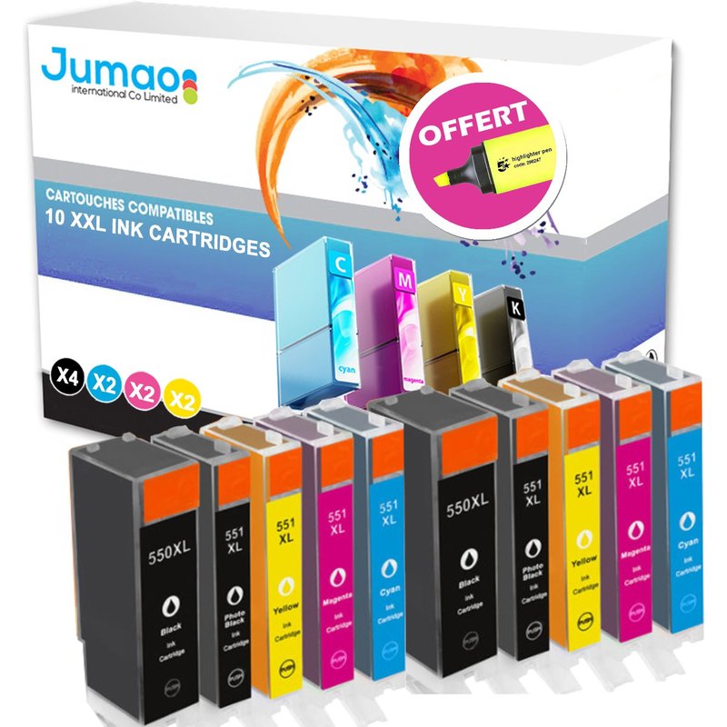 10 cartouches type Jumao compatibles pour Canon PIXMA MG5450 5550 5650 6350 7550 +Fluo offert