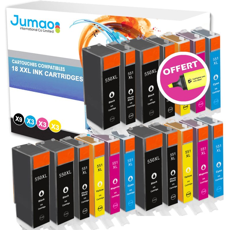 18 cartouches type Jumao compatibles pour Canon PIXMA MG6450 6650 7150 MX725 +Fluo offert