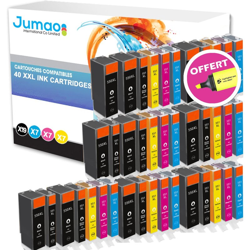 Lot de 40 cartouches jet d'encre type Jumao compatibles pour Canon PIXMA MG7150 +Fluo offert