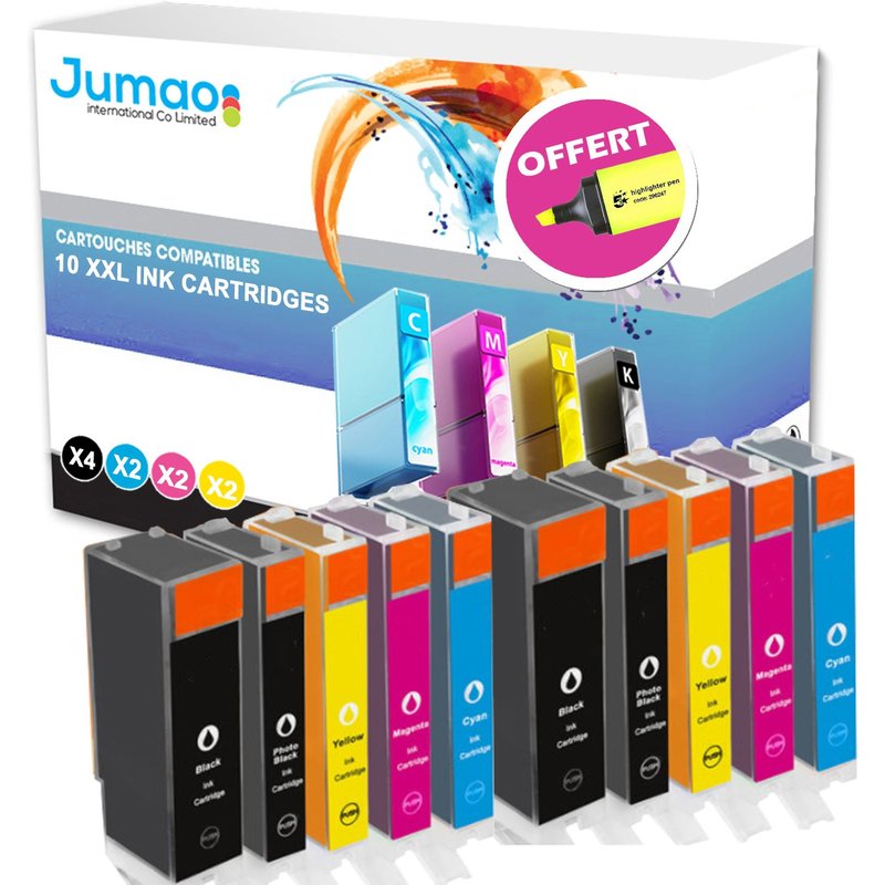 10 cartouches Jumao compatibles pour Canon PIXMA iP4950 4850 iX6550 MG5150 MX885 +Fluo offert