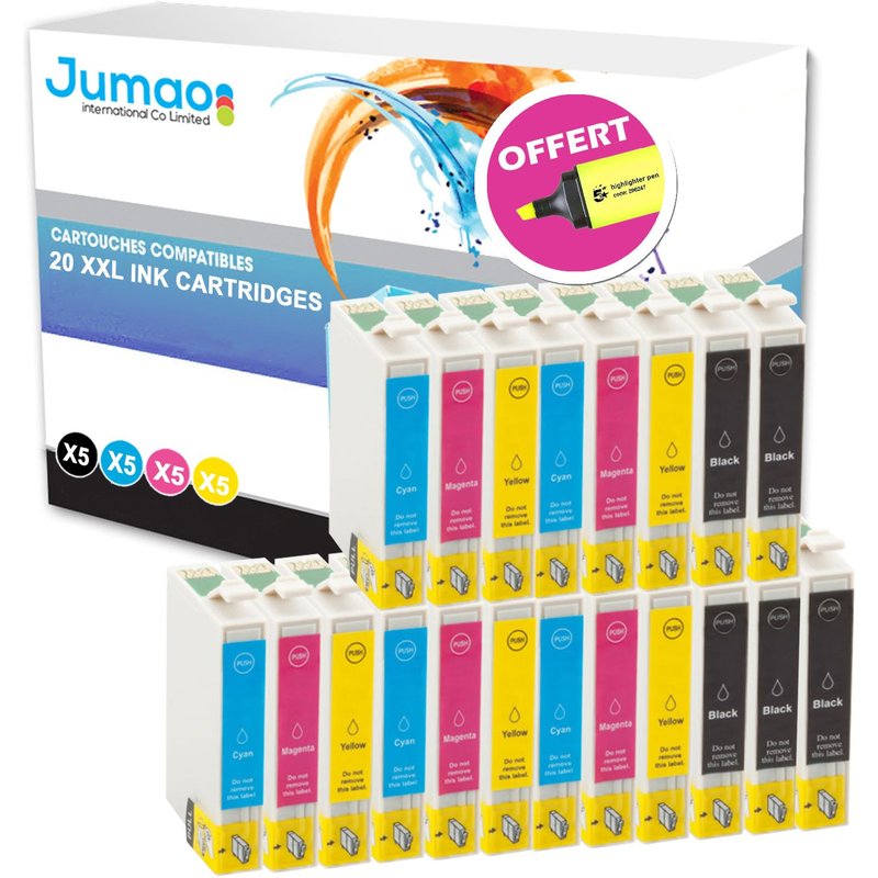 Lot de 20 cartouches jet d'encre type Jumao compatibles pour Epson Stylus DX4250 +Fluo offert