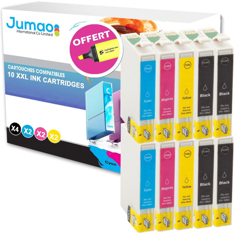 Lot de 10 cartouches jet d'encre type Jumao compatibles pour Epson Stylus C64 +Fluo offert