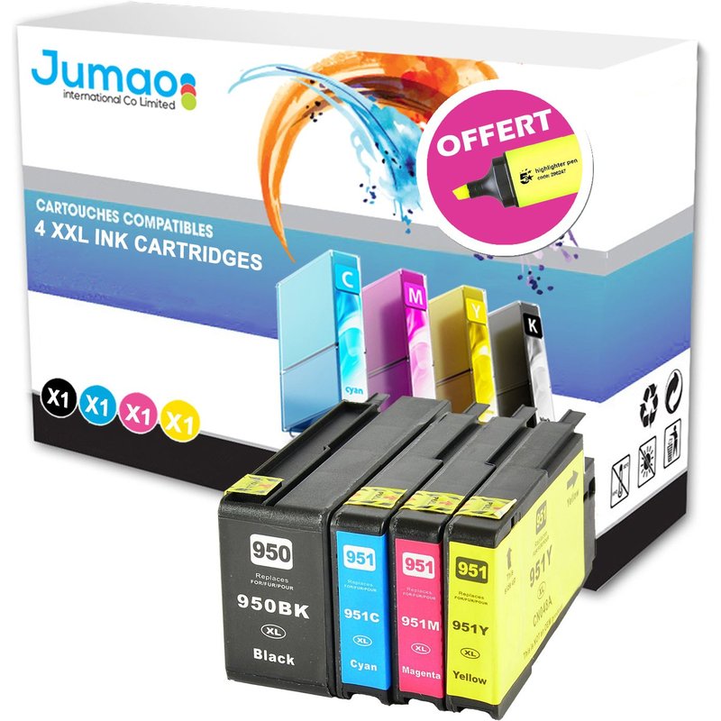 4 cartouches jet d'encre type Jumao compatibles pour HP Officejet Pro 8600 plus +Fluo offert