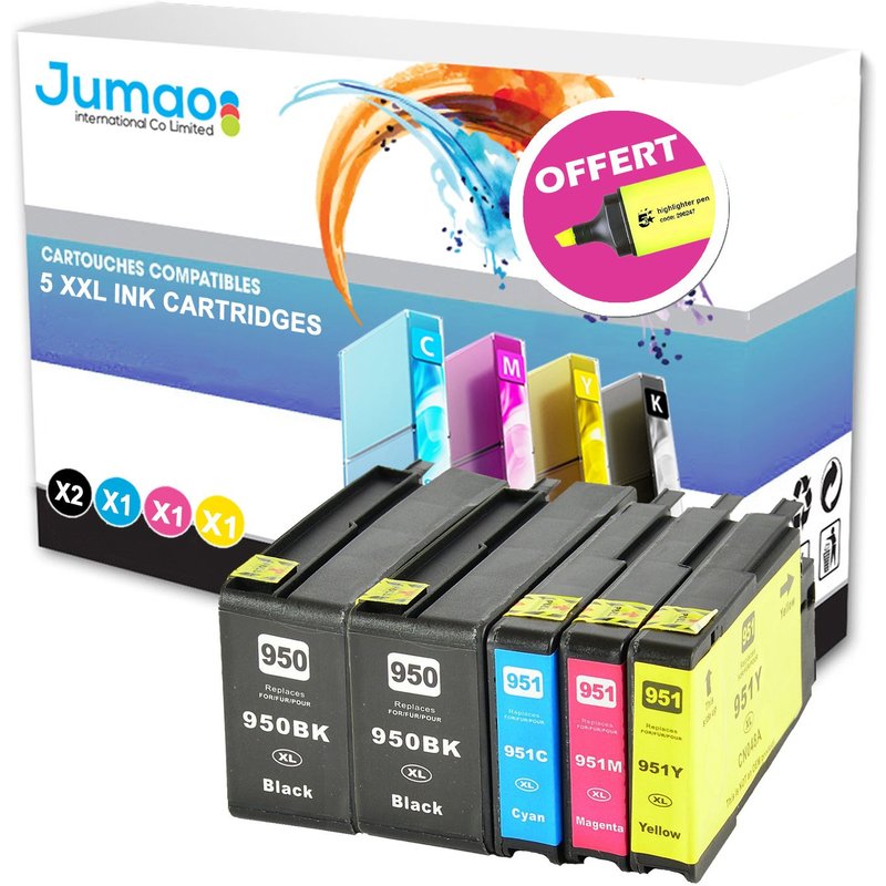 5 cartouches jet d'encre type Jumao compatibles pour HP Officejet Pro 8615 +Fluo offert