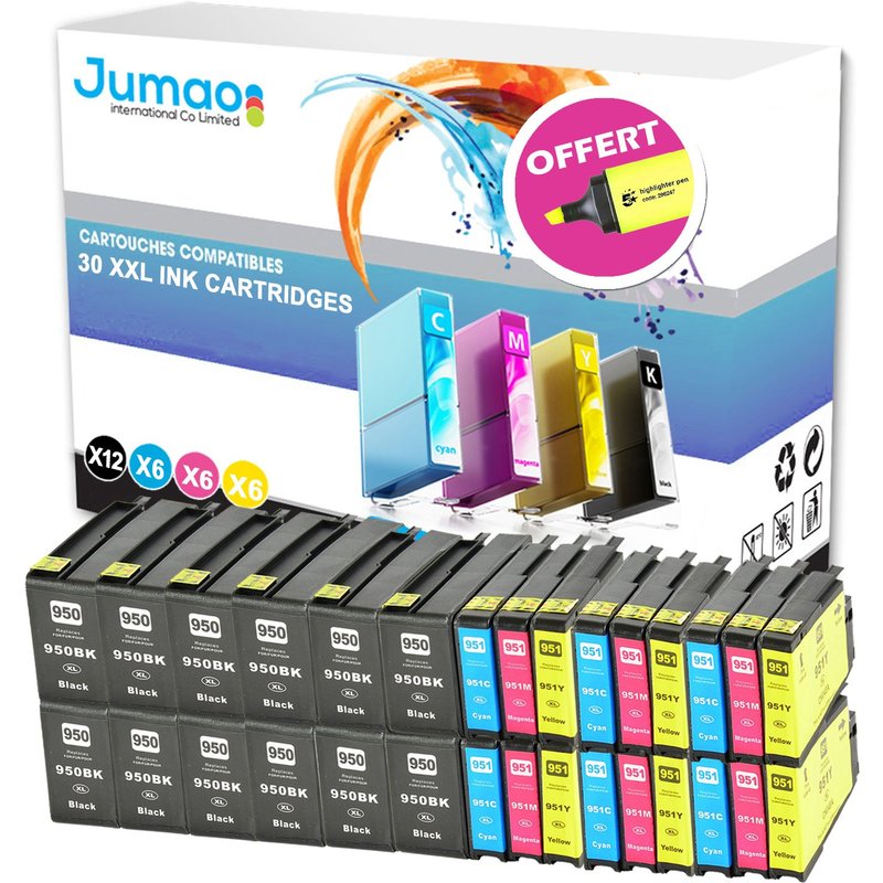 30 cartouches jet d'encre type Jumao compatibles pour HP Officejet Pro 8100 +Fluo offert