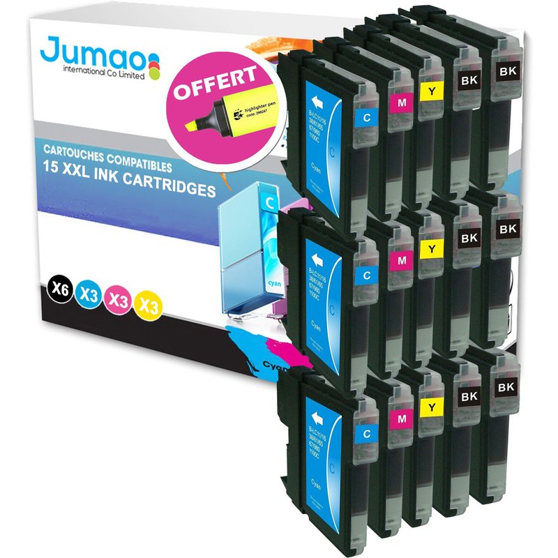Lot de 15 cartouches d'impression type Jumao compatibles pour Brother MFC-990CW +Fluo offert