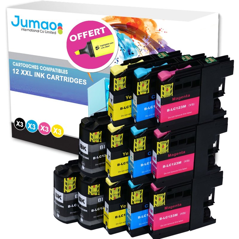 Lot de 12 cartouches jet d'encre type Jumao compatible pour Brother DCP-J4110DW +Fluo offert