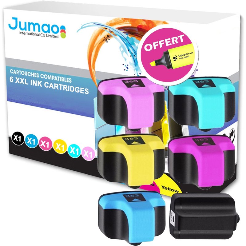 Lot de 6 cartouches jet d'encre compatibles pour HP Photosmart D7360 Type Jumao +Fluo offert
