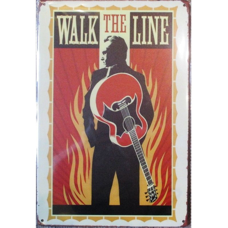 Plaque Johnny Cash Walk The Line A Flammes Couleur Orangé Tole 30x20 Cm Deco Affiche Pub Musique