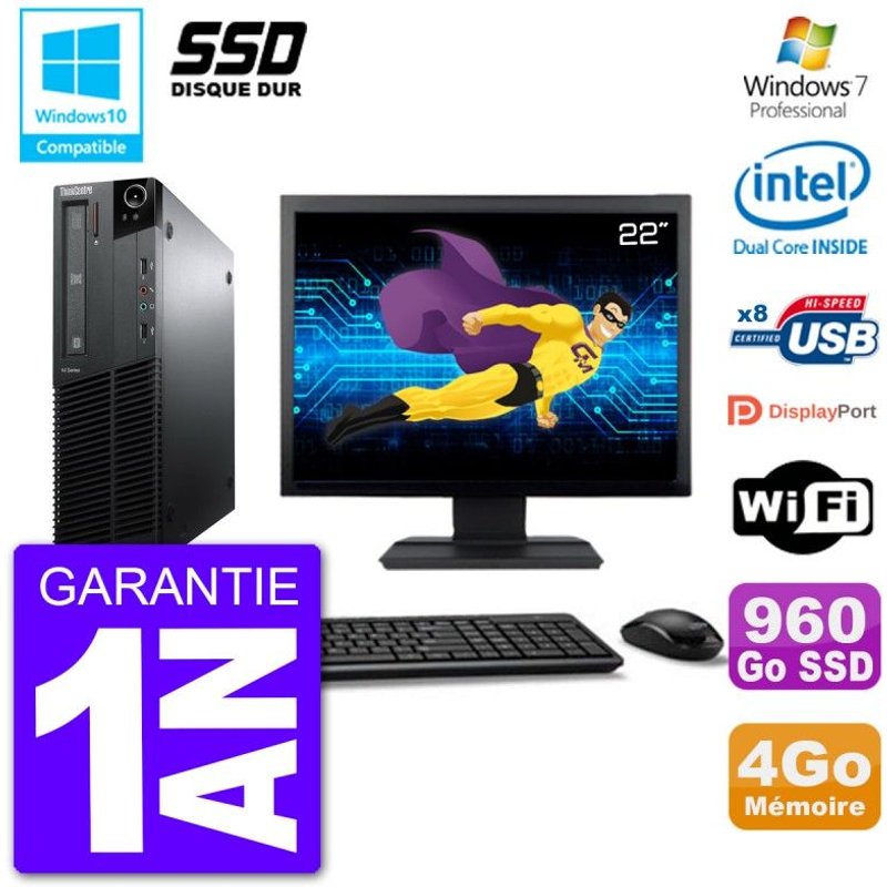 PC Lenovo M82 SFF Ecran 22" G640 RAM 4Go SSD 960Go Graveur DVD Wifi W7