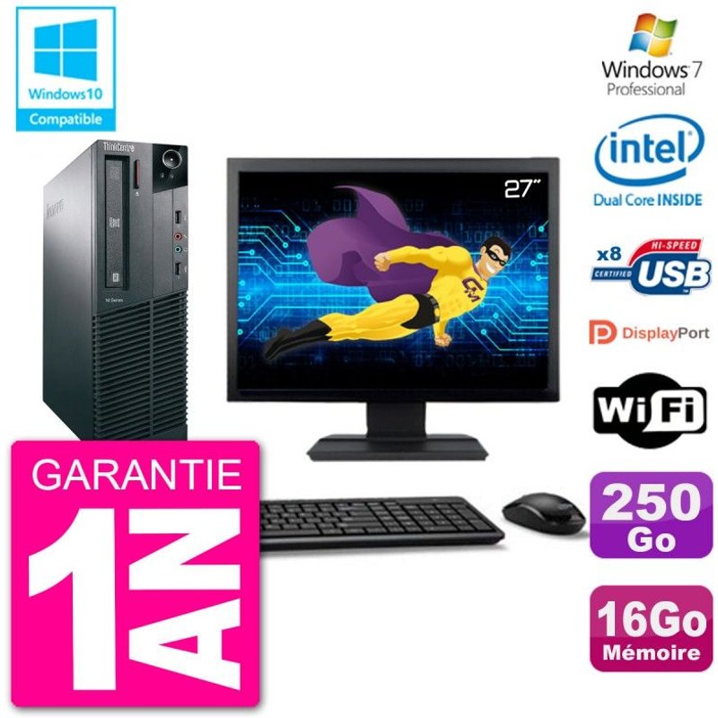 PC Lenovo M82 SFF Ecran 27" G2020 RAM 16Go Disque 250Go Graveur DVD Wifi W7