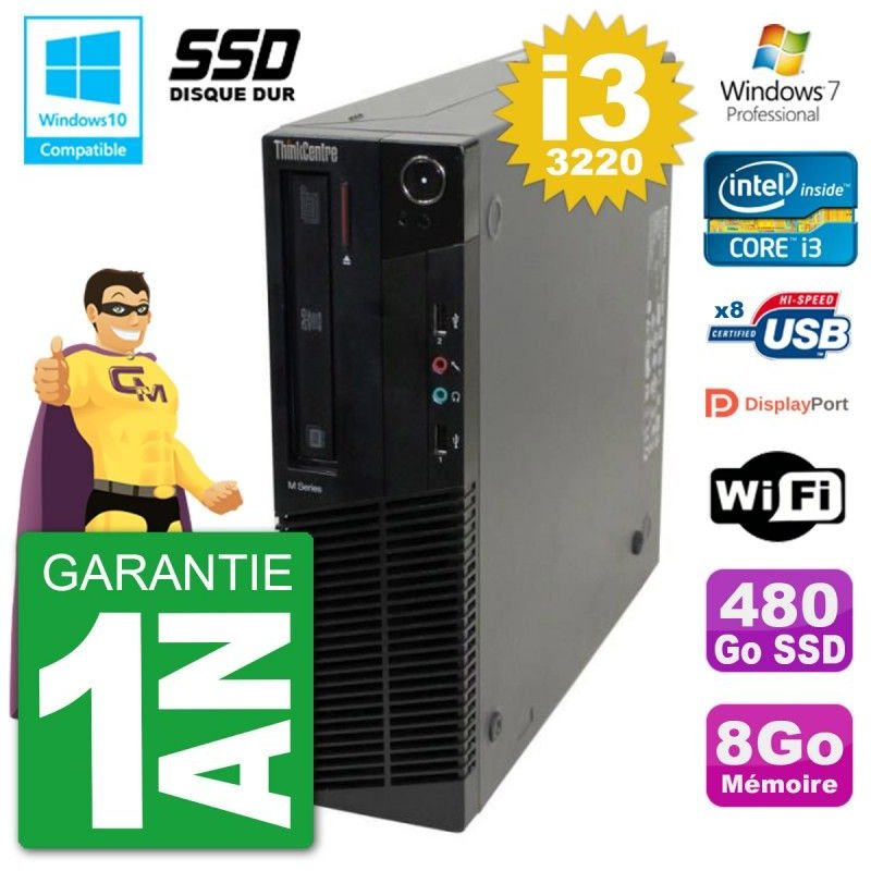 PC Lenovo ThinkCentre M82 SFF i3-3220 RAM 8Go SSD 480Go Graveur DVD Wifi W7