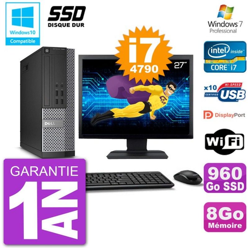 PC Dell 7020 SFF Ecran 27" Intel i7-4790 RAM 8Go SSD 960Go Graveur DVD Wifi W7