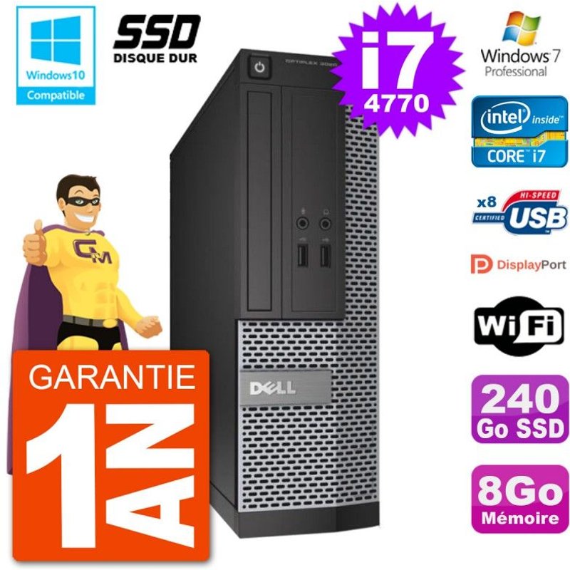 PC Dell 3020 SFF Intel i7-4770 RAM 8Go SSD 240Go Graveur DVD Wifi W7