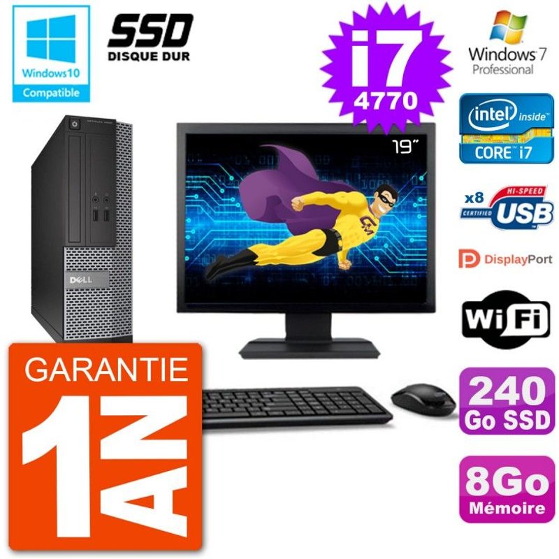 PC Dell 3020 SFF Ecran 19" Intel i7-4770 RAM 8Go SSD 240Go Graveur DVD Wifi W7