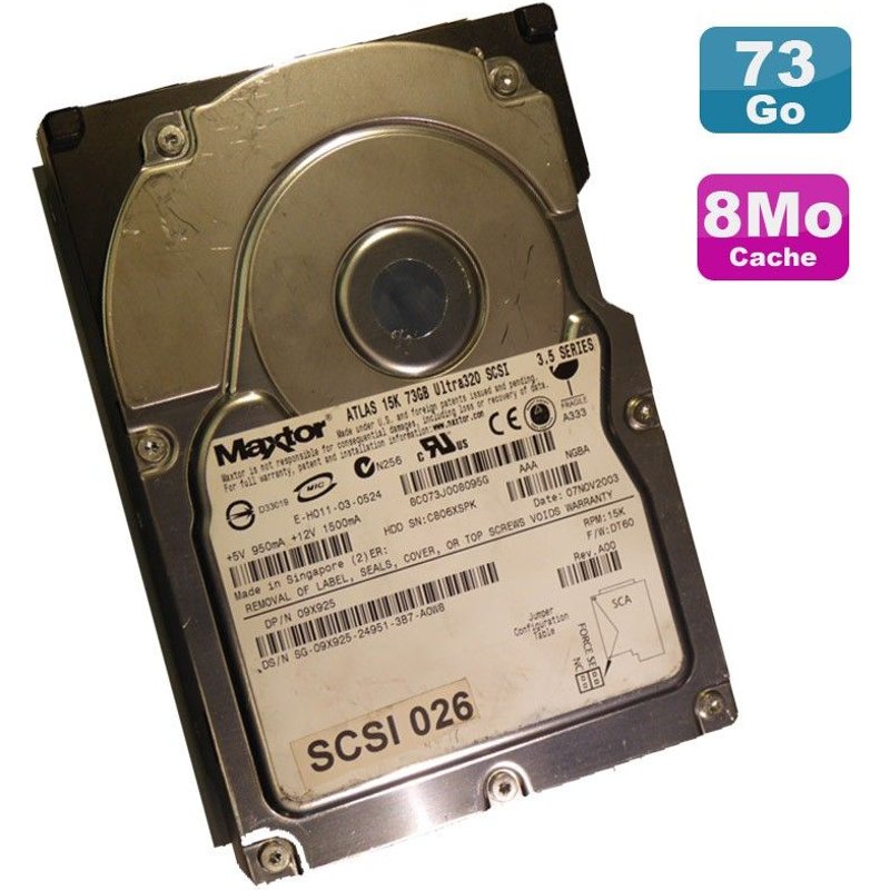 Disque Dur 73Go USCSI Ultra320 SCSI 3.5" MAXTOR ATLAS 09X925 15000RPM 80-Pin 8Mo