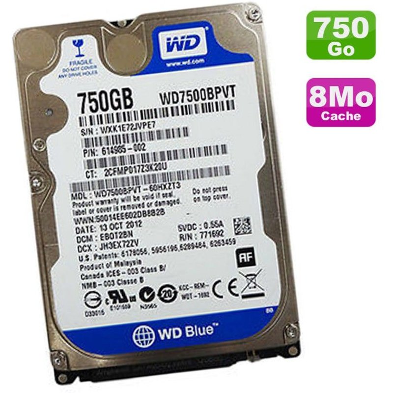 Disque Dur 750Go SATA 2.5 WD WD7500BPVT-60HXZT3 614985-002 Scorpio Blue