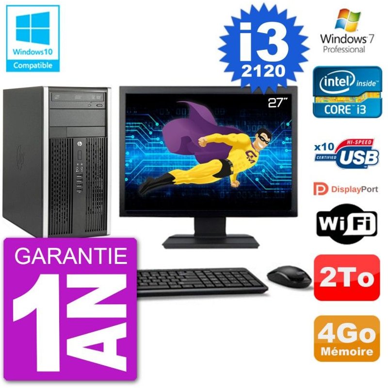 PC HP 6300 MT Ecran 27" Core i3-2120 RAM 4Go Disque 2To Graveur DVD Wifi W7