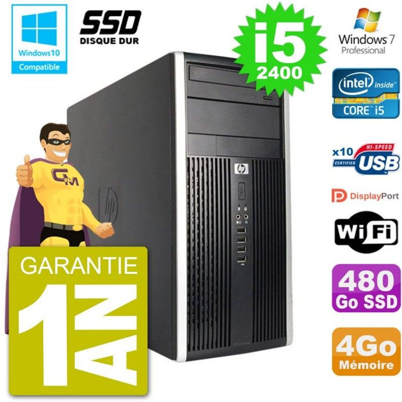 PC HP 6300 MT Intel Core i5-2400 RAM 4Go SSD 480Go Graveur DVD Wifi W7