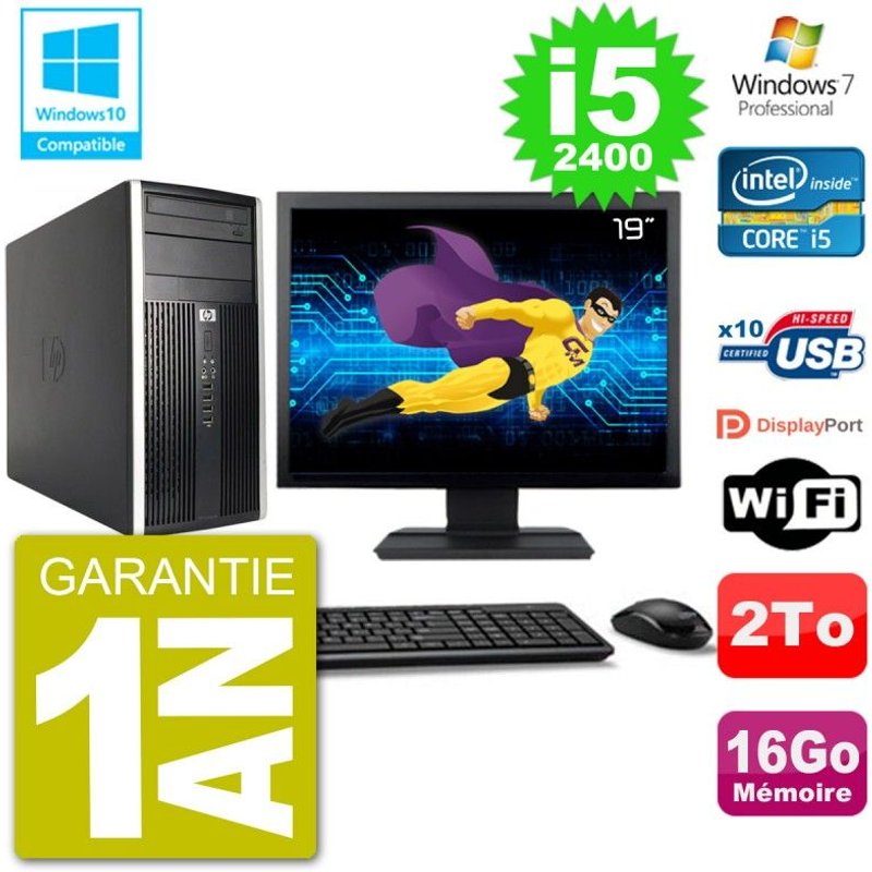 PC HP 6300 MT Ecran 19" Core i5-2400 RAM 16Go Disque 2To Graveur DVD Wifi W7