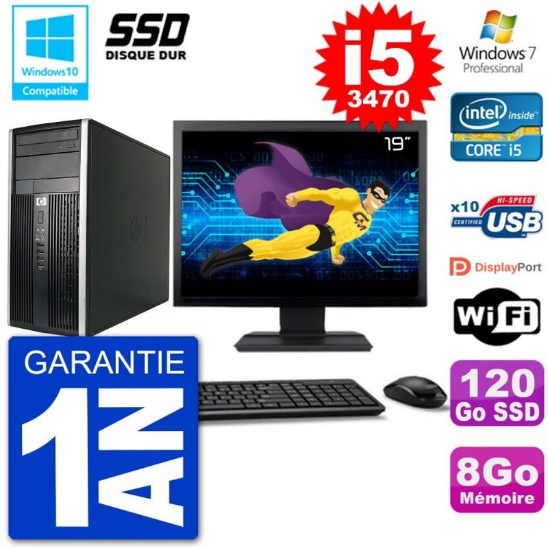 PC HP 6300 MT Ecran 19" Core i5-3470 RAM 8Go SSD 120Go Graveur DVD Wifi W7