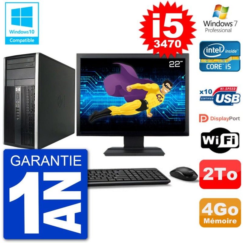 PC HP 6300 MT Ecran 22" Core i5-3470 RAM 4Go Disque 2To Graveur DVD Wifi W7