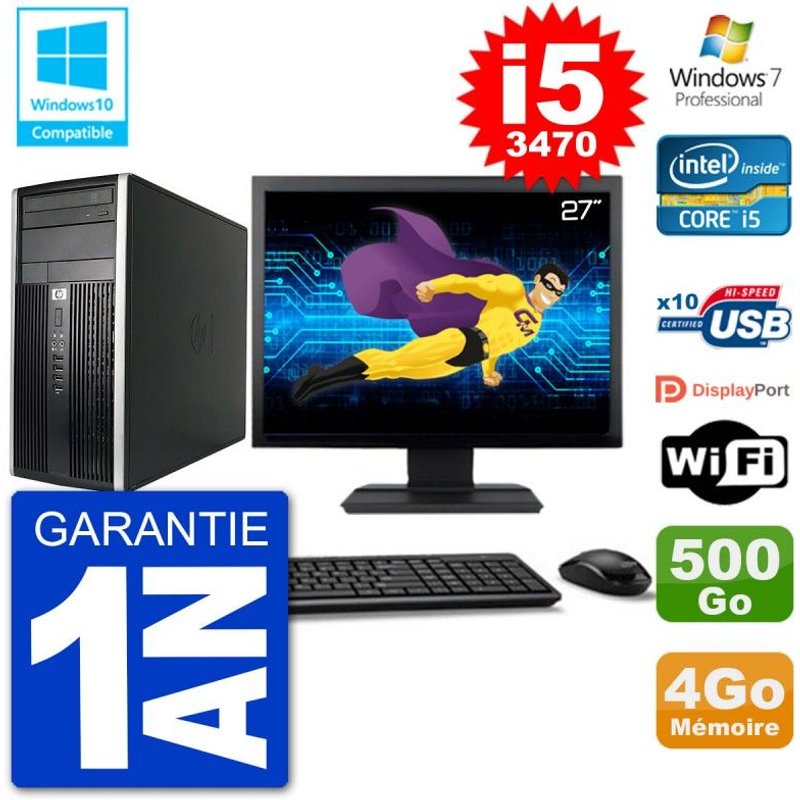 PC HP 6300 MT Ecran 27" i5-3470 RAM 4Go Disque 500Go Graveur DVD Wifi W7