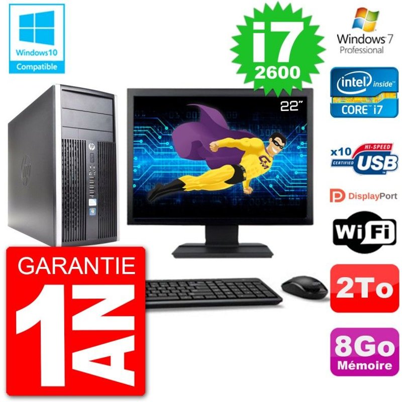 PC HP 6300 MT Ecran 22" Core i7-2600 RAM 8Go Disque 2To Graveur DVD Wifi W7