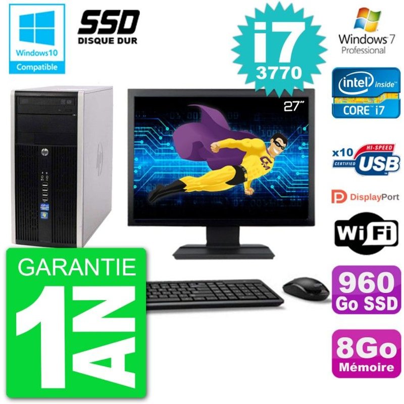 PC HP 6300 MT Ecran 27" Core i7-3770 RAM 8Go SSD 960Go Graveur DVD Wifi W7