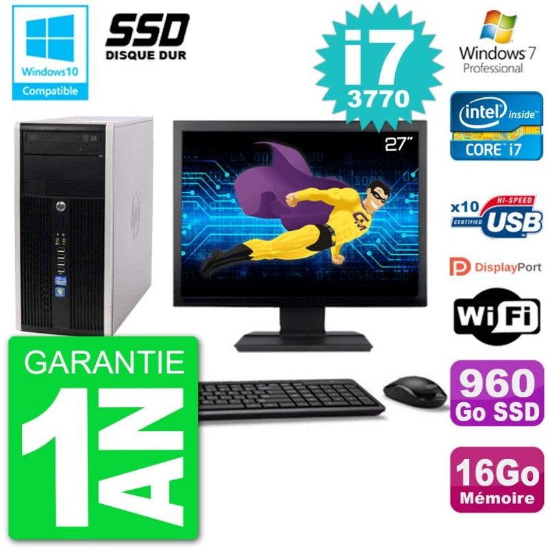 PC HP 6300 MT Ecran 27" Core i7-3770 RAM 16Go SSD 960Go Graveur DVD Wifi W7