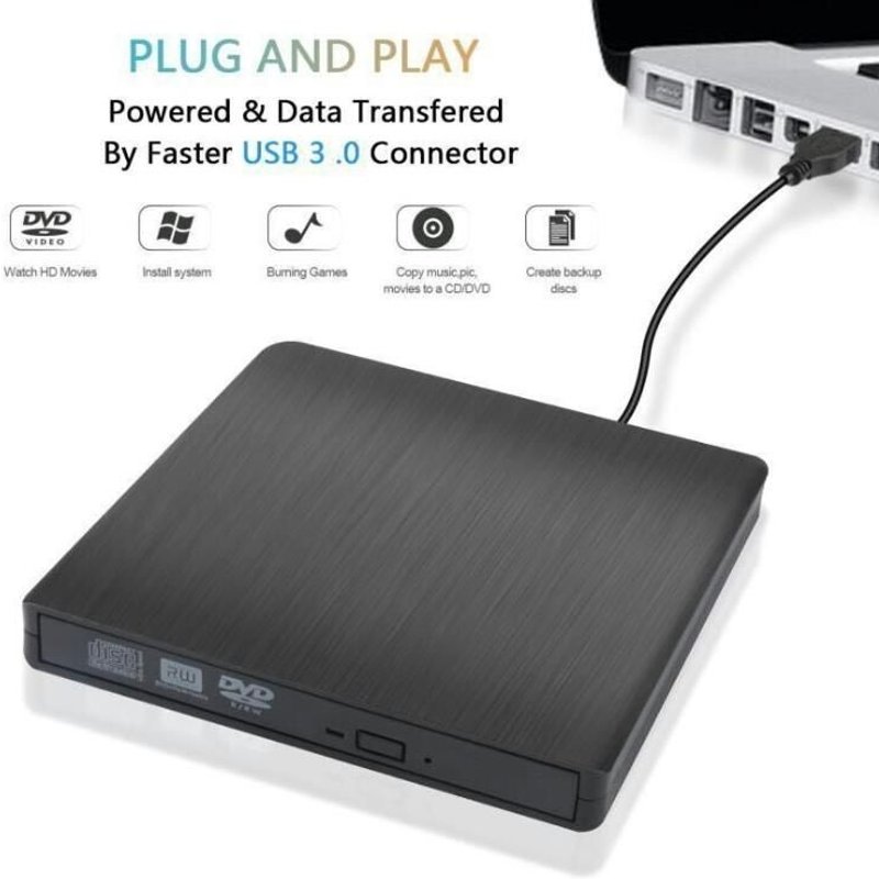 Lecteur CD/DVD Externe,USB 3.0 Graveur DVD Externe CD Enregistreur Portable RW/ROM Mince ROM Transmission Rapide Câble USB Intégrée Windows/Win10/8/7/Vista/Laptop/Desktops/PC