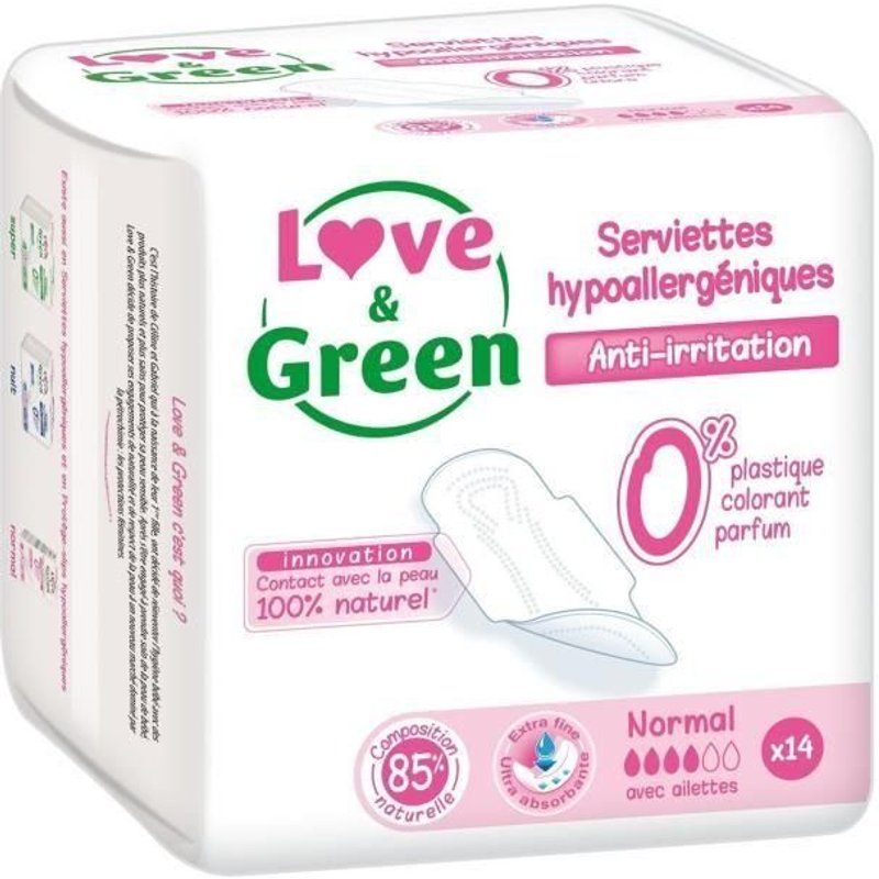 Love Et Green Paquet 14 Serviettes Normales Femme Hypoallergeniques