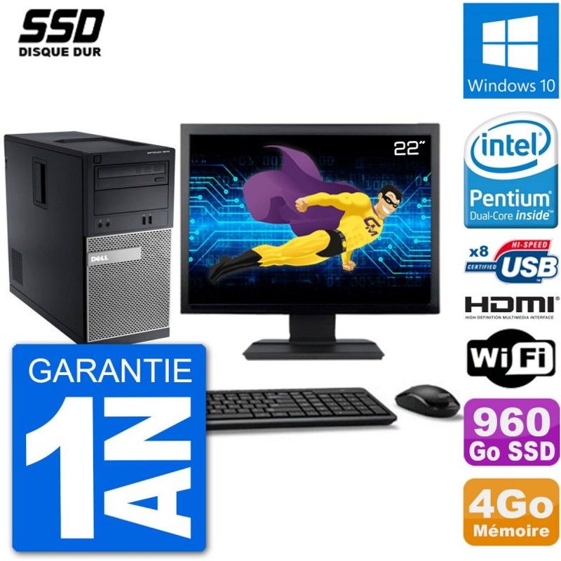 PC Dell 3010 MT Ecran 22" G2020 RAM 4Go SSD 960Go HDMI Windows 10 Wifi
