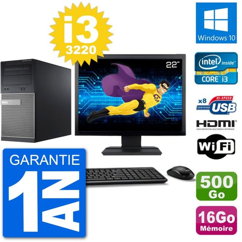 PC Dell 3010 MT Ecran 22" i3-3220 RAM 16Go Disque Dur 500Go HDMI Windows 10 Wifi