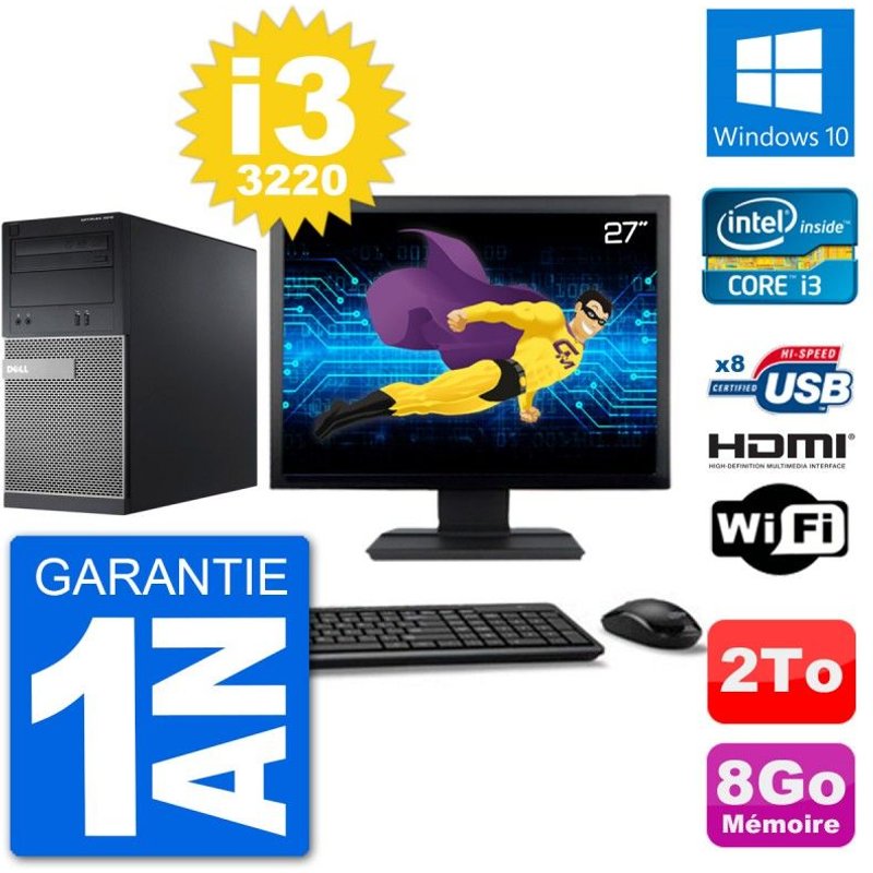 PC Dell 3010 MT Ecran 27" i3-3220 RAM 8Go Disque Dur 2To HDMI Windows 10 Wifi