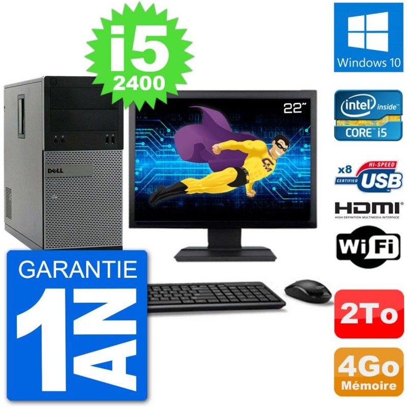 PC Dell 3010 MT Ecran 22" i5-2400 RAM 4Go Disque Dur 2To HDMI Windows 10 Wifi