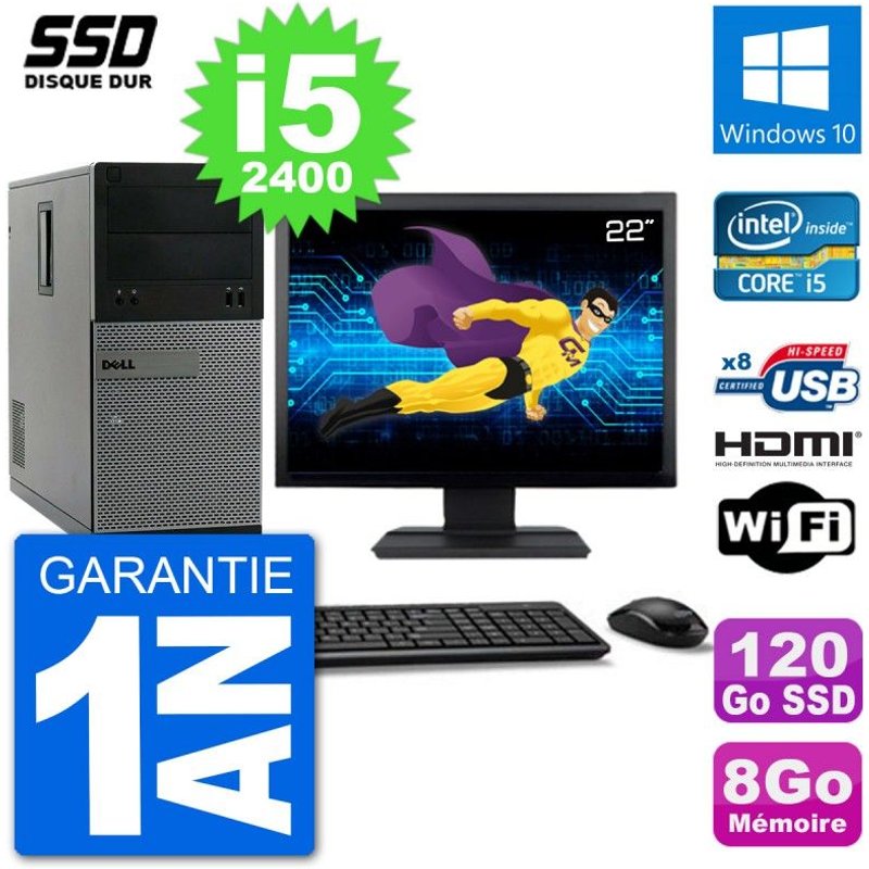 PC Dell 3010 MT Ecran 22" i5-2400 RAM 8Go SSD 120Go HDMI Windows 10 Wifi