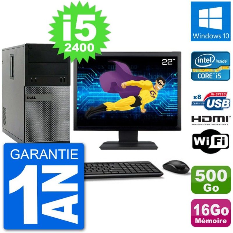 PC Dell 3010 MT Ecran 22" i5-2400 RAM 16Go Disque Dur 500Go HDMI Windows 10 Wifi