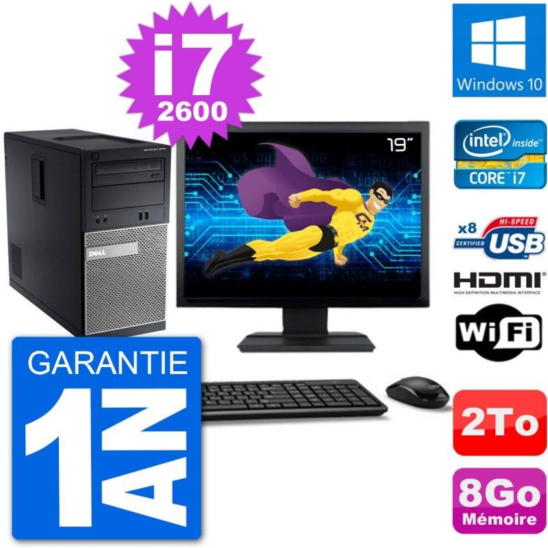 PC Dell 3010 MT Ecran 19" i7-2600 RAM 8Go Disque Dur 2To HDMI Windows 10 Wifi