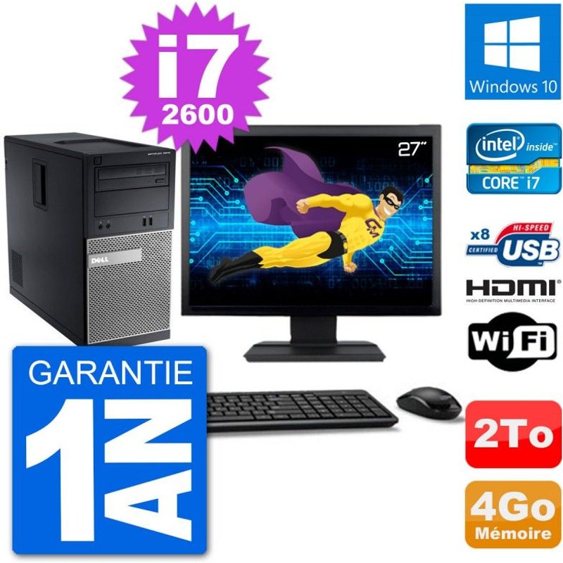 PC Dell 3010 MT Ecran 27" i7-2600 RAM 4Go Disque Dur 2To HDMI Windows 10 Wifi