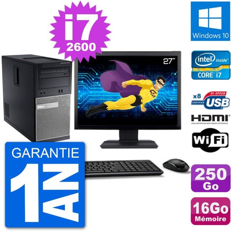 PC Dell 3010 MT Ecran 27" i7-2600 RAM 16Go Disque Dur 250Go HDMI Windows 10 Wifi