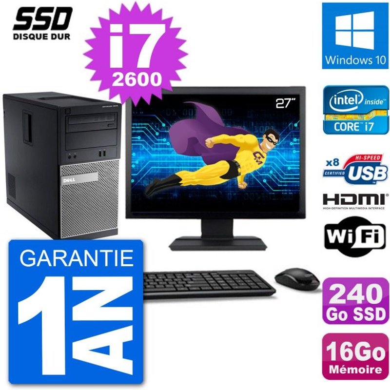 PC Dell 3010 MT Ecran 27" i7-2600 RAM 16Go SSD 240Go HDMI Windows 10 Wifi